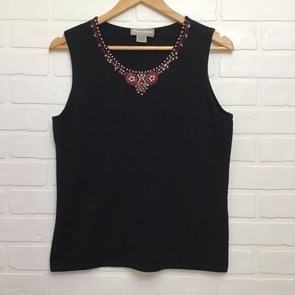TANJAY black sleeveless top chic beaded details neckline bling medium petite - Picture 2 of 11